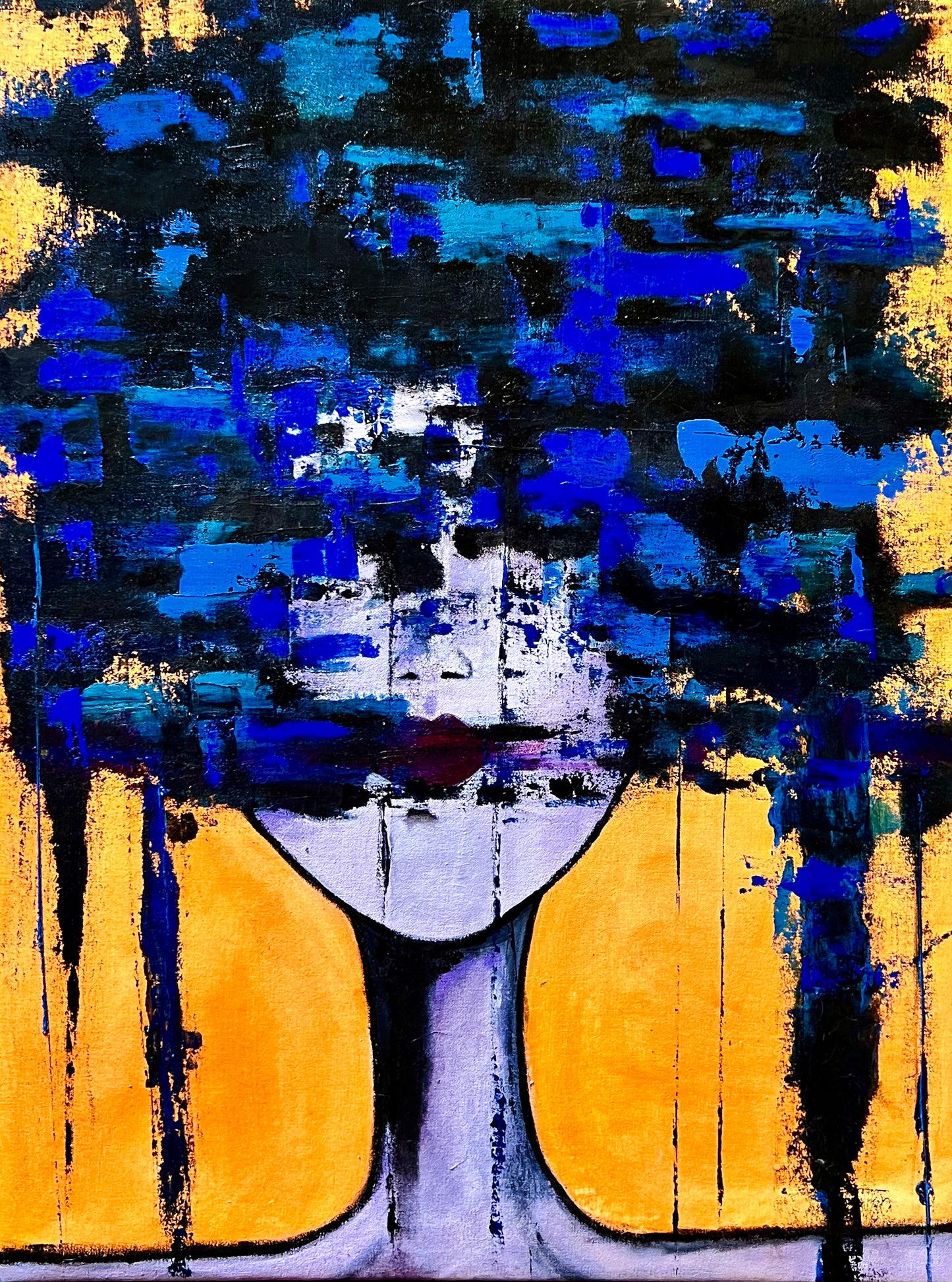This image features an intriguing oil painting titled "Heads a Mess," which portrays a striking depiction of a female figure. The artwork combines bold brushstrokes and a vibrant color palette, primarily utilizing shades of blue and yellow: Oil Paint and Cold Wax on Canvas.