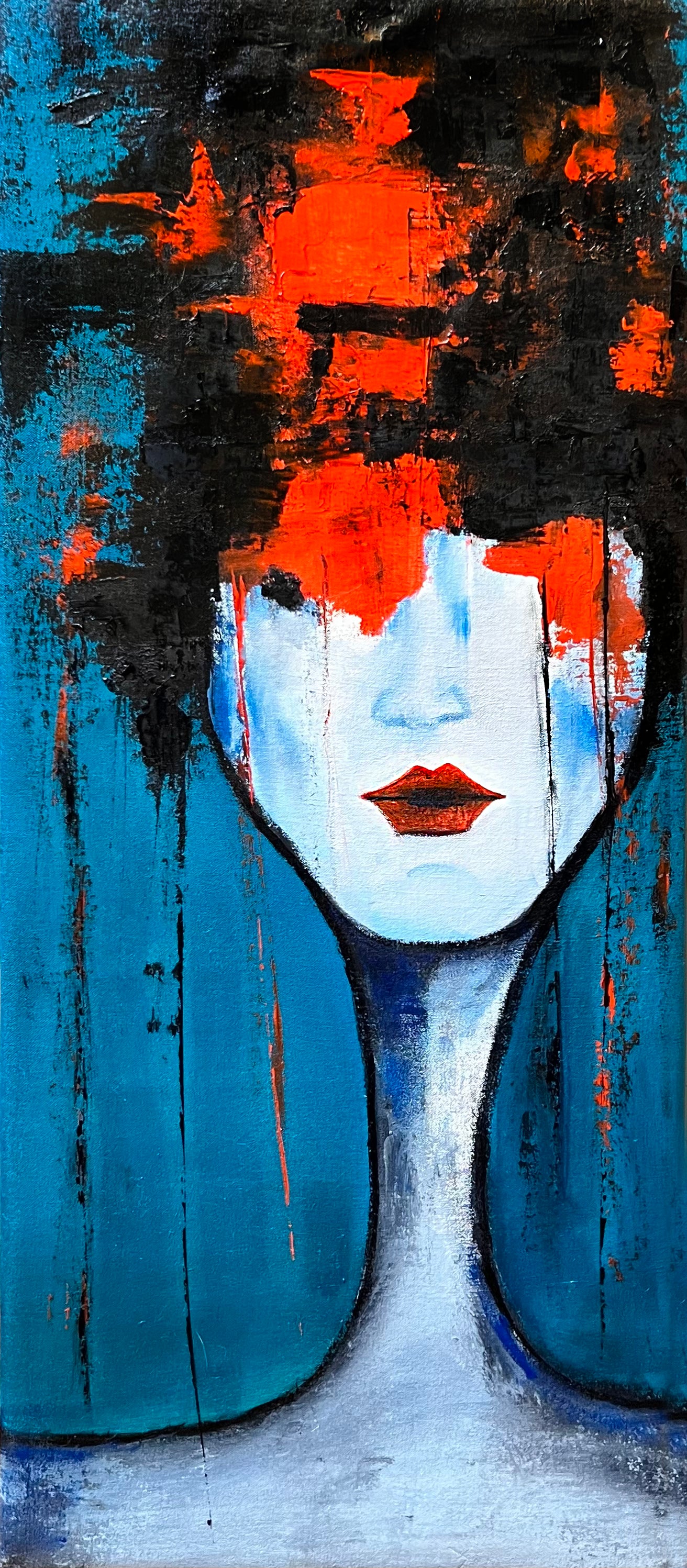 This image features an intriguing oil paint and cold wax on canvas. The artwork is titled "Heads A Mess". The painting features a striking composition of contrasting blue and red colors.
