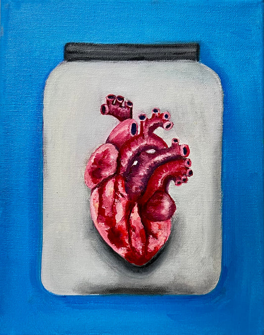 Body parts in jars The Heart. Oil paint on canvas.