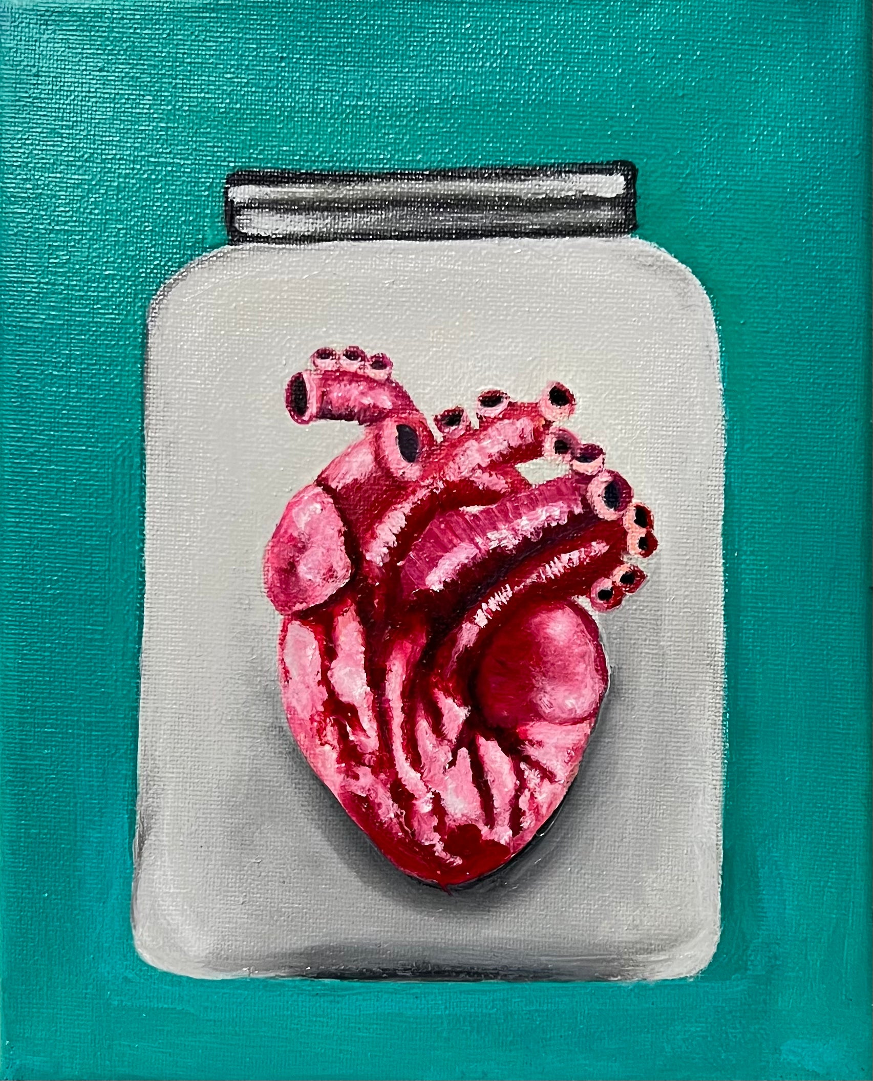 Body parts in jars The Heart. Oil paint on canvas.