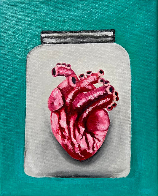 Body parts in jars The Heart. Oil paint on canvas.