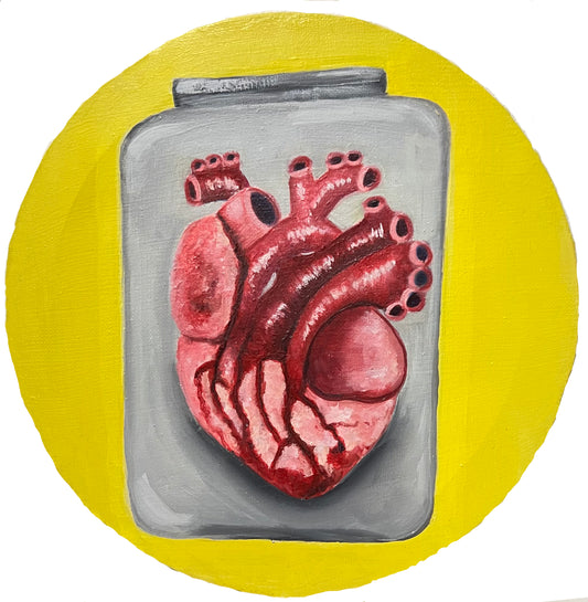 Body parts in jars The Heart. Oil paint on canvas.