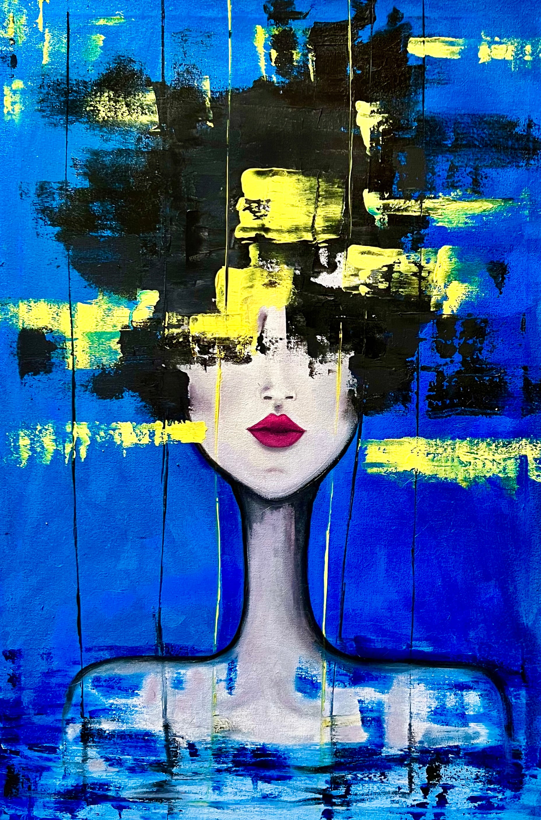 This image features an intriguing oil painting titled "Heads a Mess," which portrays a striking depiction of a female figure. The artwork combines bold brushstrokes and a vibrant color palette, primarily utilizing shades of blue and yellow: Oil Paint and Cold Wax on Canvas.